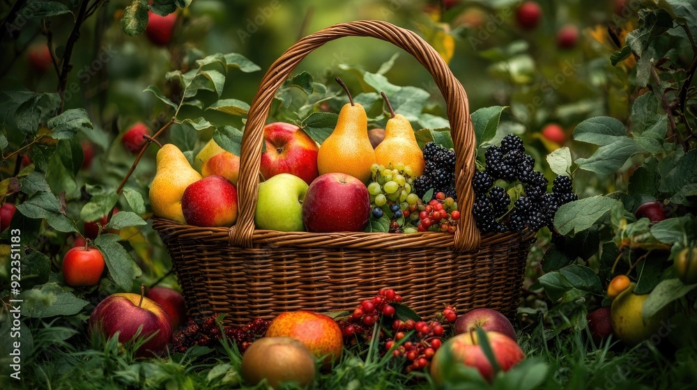 A basket full of freshly picked fruits, including apples, pears, and berries, placed in a lush garden setting A basket full of freshly picked fruits, including apples, pears, and berries, placed in a lush garden setting