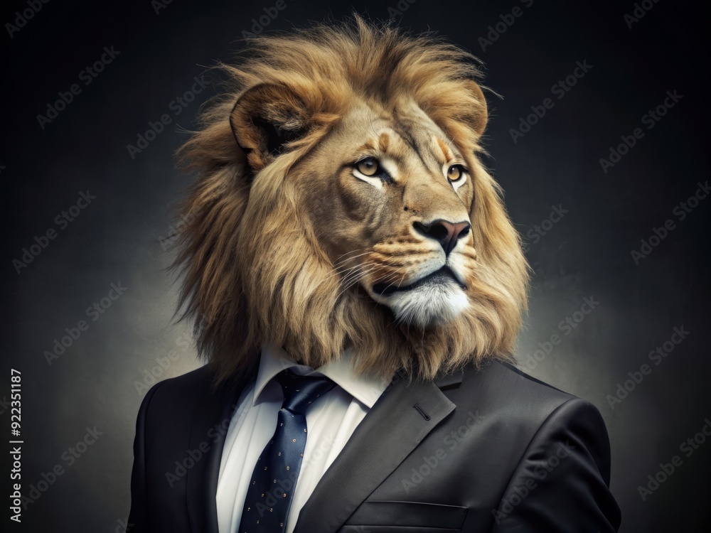 Sophisticated, majestic lion sporting sleek black suit, crisp white shirt, and patterned tie, gazing confidently into the distance with regal, intelligent eyes. Sophisticated, majestic lion sporting sleek black suit, crisp white shirt, and patterned tie, gazing confidently into the distance with regal, intelligent eyes.