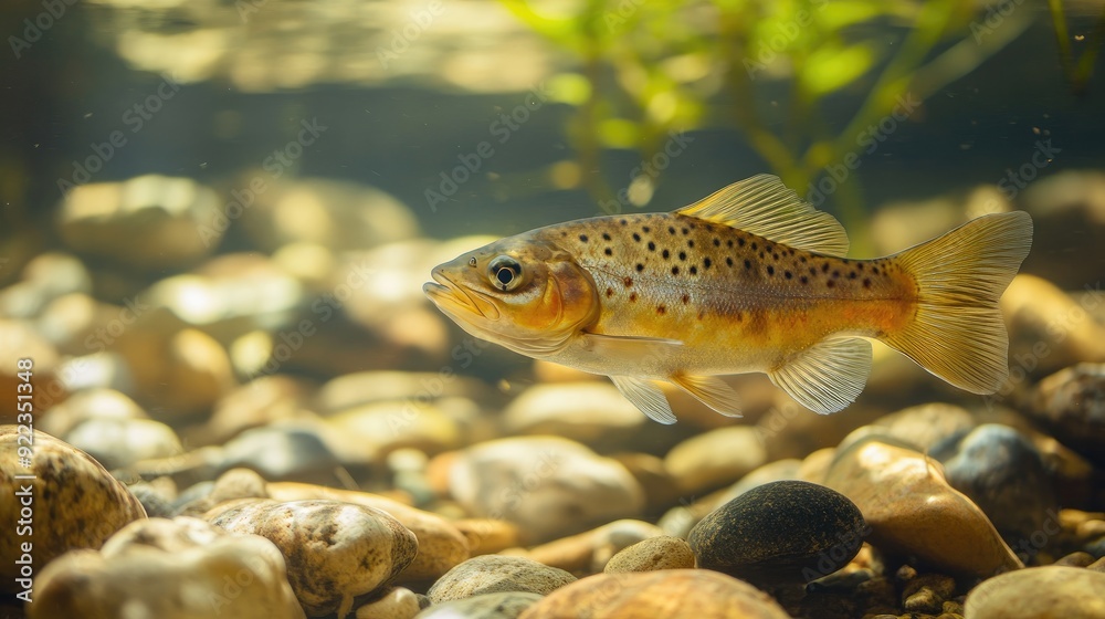 Fototapeta premium A fish swimming in a freshwater stream with pebbles and water plants visible below.