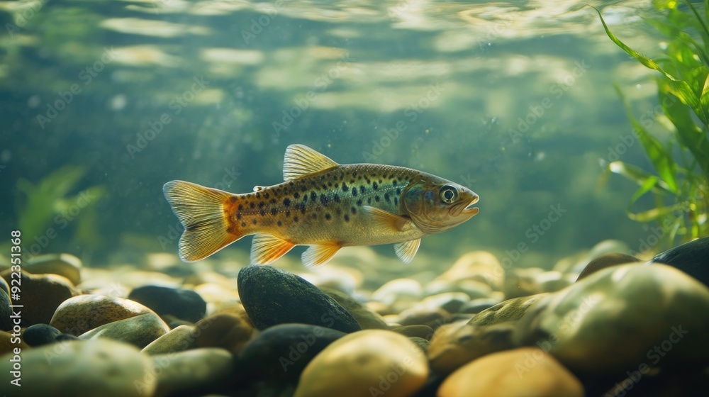 Fototapeta premium A fish swimming in a freshwater stream with pebbles and water plants visible below.