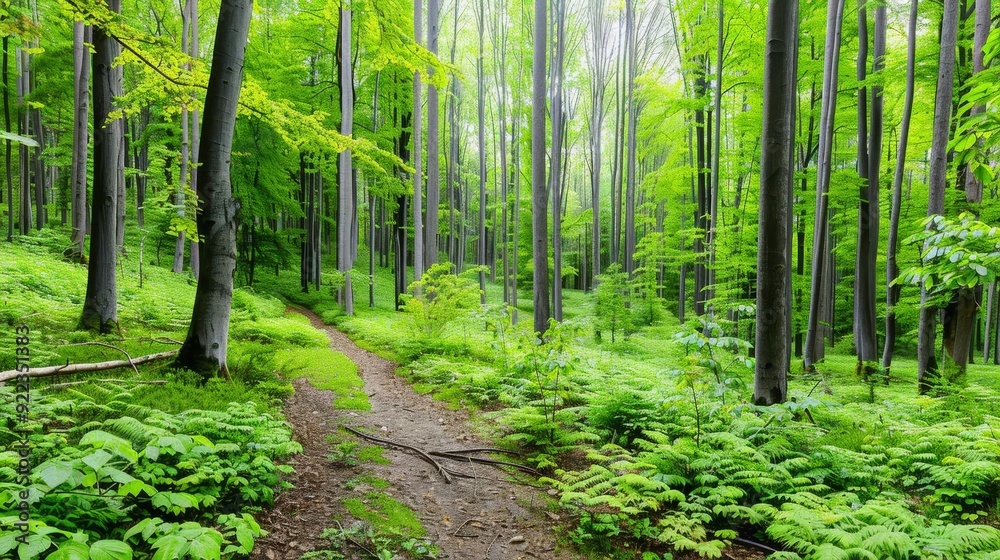 Fototapeta premium Photographer capturing forest scenes, natural landscape walking tour, artistic nature exploration