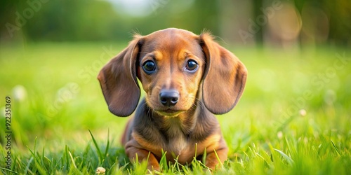 Adorable dachshund puppy with floppy ears playing in the grass, cute, playful, small, dog, puppy, breed, long body, short legs