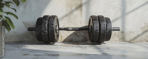 Minimalist weightlifting, single weight, white background, natural light