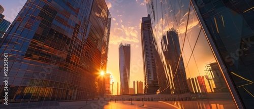 KAFD buildings in Riyadh, Saudi Arabia, illuminated during blue hour, highlighting their striking