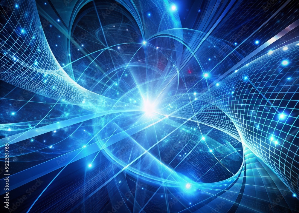 Fototapeta premium Vibrant blue digital abstract background with swirling wisps of light, futuristic patterns, and grid-like structures, evoking a sense of advanced technology and modernity.