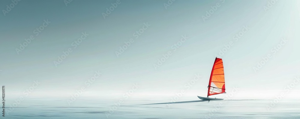 Fototapeta premium Minimalist windsurfing, single sail, white background, clean lines