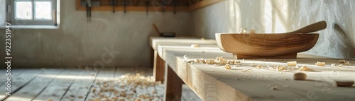 Minimalist woodworking scene, single tool, clean surface, natural light