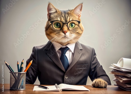 A whimsical cat in a miniature business suit and glasses sits on a desk, surrounded by papers and pens, exuding independence and playfulness. photo