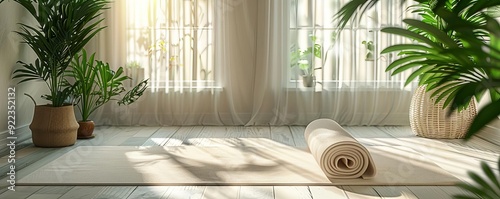 Minimalist yoga, single mat, white background, natural light