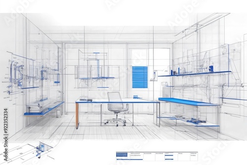 A blueprint office with a desk and chair. The room is designed to be a home office