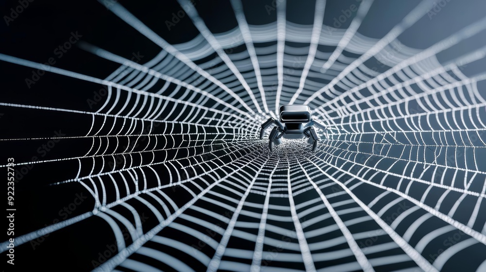Obraz premium A 3D digital spider web with a search engine robot navigating it, symbolizing the web-crawling function of search engines