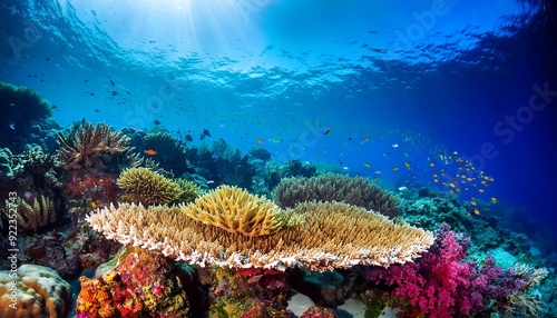 Diver explores vibrant underwater coral reef ecosystem photo