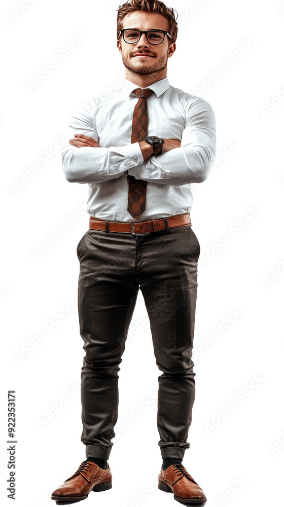 Fototapeta premium Isolated, transparent, no background, Confident Businessman in Formal Attire Standing with Arms Crossed