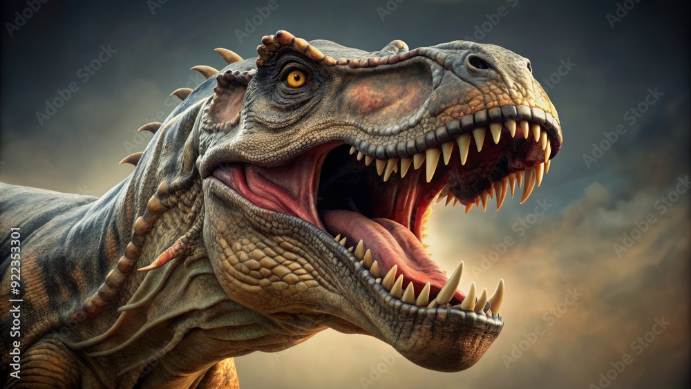 Fearsome Tyrannosaurus Rex illustration with open mouth, sharp teeth, and intense gaze, set against a simple background, conveying primal power and ferocity. Fearsome Tyrannosaurus Rex illustration with open mouth, sharp teeth, and intense gaze, set against a simple background, conveying primal power and ferocity.