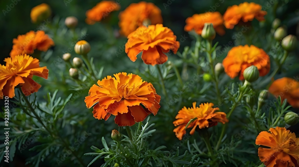 Vibrant Orange Marigold On A Deep Forest Green Backgro Vibrant Orange Marigold On A Deep Forest Green Backgro