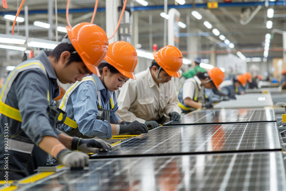 Technicians assemble solar panels in a modern eco friendly manufacturing facility Technicians assemble solar panels in a modern eco friendly manufacturing facility