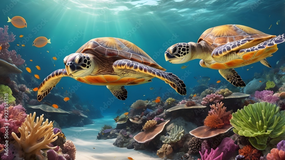 Turtle and coral reef Turtle and coral reef