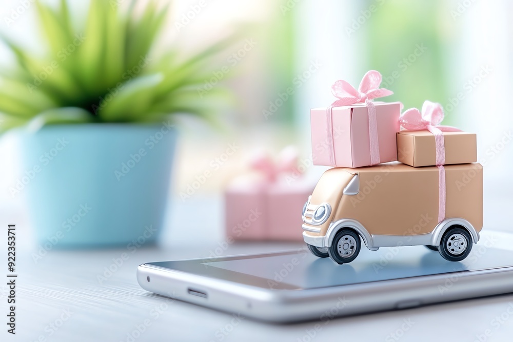 A miniature delivery truck with gifts sits on a smartphone, symbolizing online shopping and convenient delivery services. A miniature delivery truck with gifts sits on a smartphone, symbolizing online shopping and convenient delivery services.