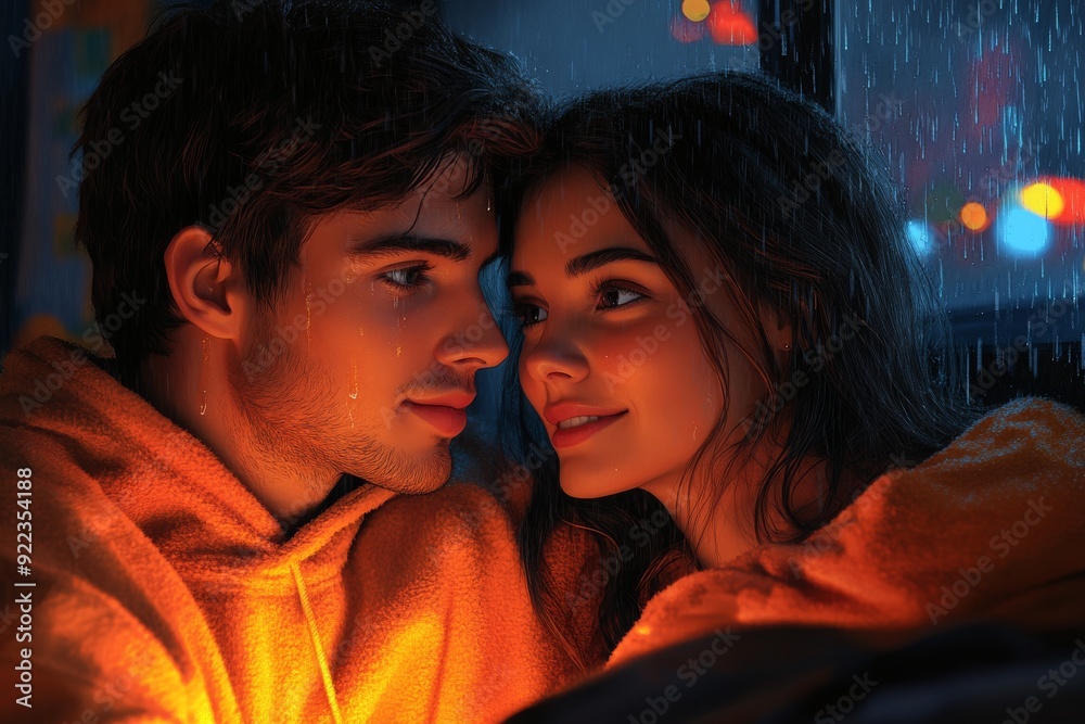 A couple watching on a rainy day, snuggled under a blanket, cozy and warm setting. Generative AI A couple watching on a rainy day, snuggled under a blanket, cozy and warm setting. Generative AI