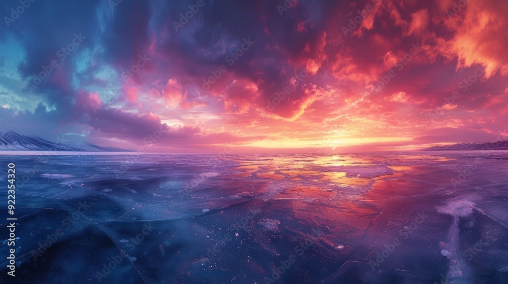 Vibrant sunset over icy landscape with dramatic clouds at twilight Vibrant sunset over icy landscape with dramatic clouds at twilight