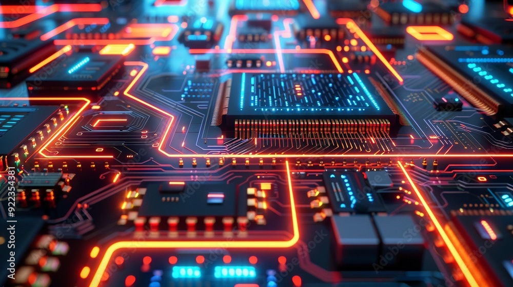 Obraz premium Vibrant close-up of a futuristic circuit board, showcasing intricate patterns and glowing pathways in a technology environment.
