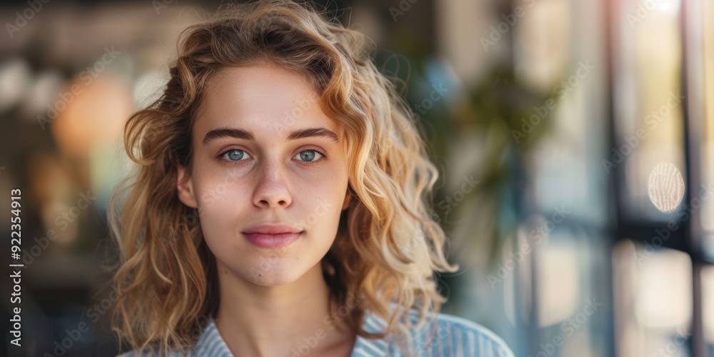 The image is a close-up portrait of a young adult female looking directly at the camera. She has wavy hair and her expression is neutral. The image is a close-up portrait of a young adult female looking directly at the camera. She has wavy hair and her expression is neutral.