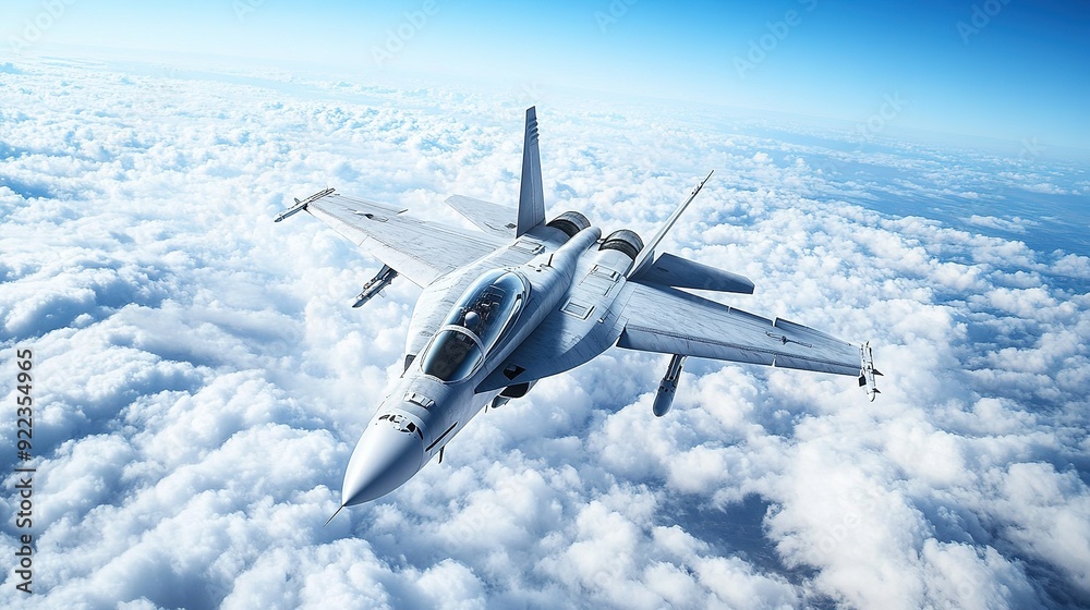 Obraz premium A fighter jet climbing above the clouds, the sky clear and blue above