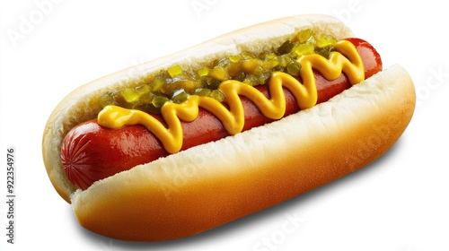 Classic American hot dog with mustard, ketchup, and relish, served in a soft bun.
