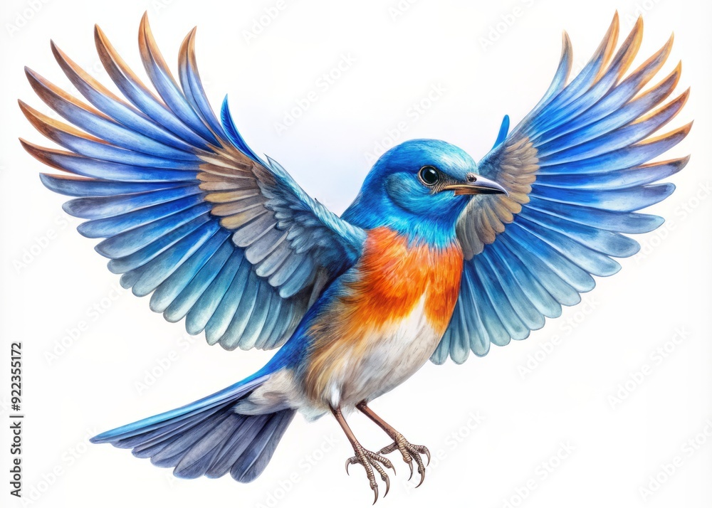 Obraz premium Vibrant bluebird with iridescent feathers spreads wings against a pristine white background, showcasing intricate details and textures in stunning high-definition clarity.