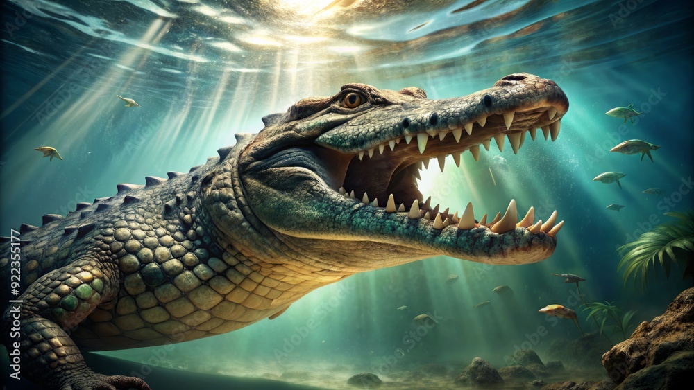 Fototapeta premium Fierce crocodile bares razor-sharp teeth, powerful jaws agape, underwater habitat reflected in gleaming scales, anticipating unsuspecting prey in murky aquatic environment.