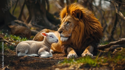 Lion and lamb resting peacefully together in a serene forest setting during daylight