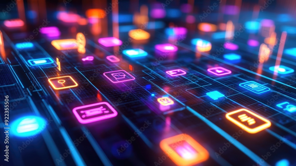 Obraz premium Close-up of a digital interface with glowing icons representing various business applications.