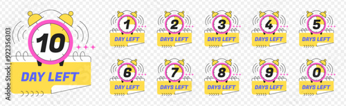 Urgency countdown timer number of day left. Sticker limited days to go isolated on transparent background. Last offer badges with alarm clock for promotion, hot sales. Vector set numbers from 1 to 10.