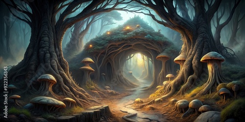 Ominous dark cave entrance with twisted tree roots, eerie mist, and faintly glowing mushrooms, evoking a sense of foreboding and ancient malevolent presence.