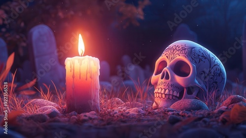 Candlelit Day of the Dead celebration in a cemetery, traditional heritage, digital illustration, vibrant and eerieselective focus on foreground, copy space for text, ultra HD,