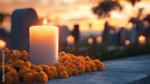 Candlelit procession through a marigold-decorated cemetery, Day of the Dead, photorealistic, evening lightselective focus on foreground, copy space for text, ultra HD, photo