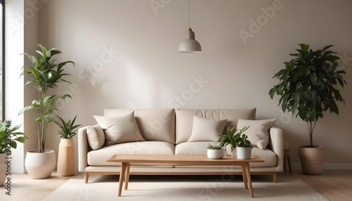 A modern living room with a beige sofa, wooden coffee table, and potted plants in the background.