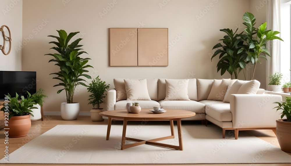 A modern living room with a beige sofa, wooden coffee table, and potted plants in the background. A modern living room with a beige sofa, wooden coffee table, and potted plants in the background.