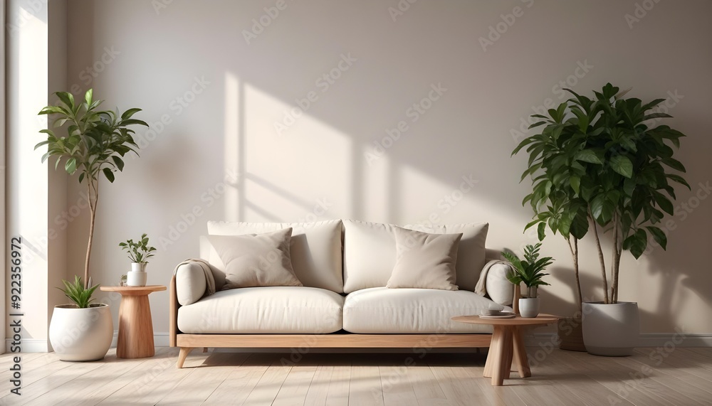 A modern living room with a beige sofa, wooden coffee table, and potted plants in the background. A modern living room with a beige sofa, wooden coffee table, and potted plants in the background.