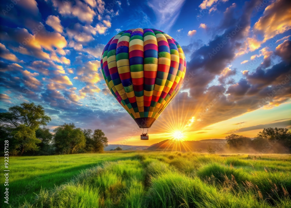 Obraz premium Vibrant hot air balloon rises above the lush green grass, its kaleidoscope of colors shining bright against a brilliant blue summer sky at dawn.