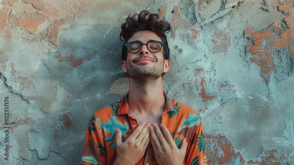 Obraz premium Man with glasses, smiling and laughing with arms crossed in front of brick wall. Colorful shirt, casual outdoor scene.