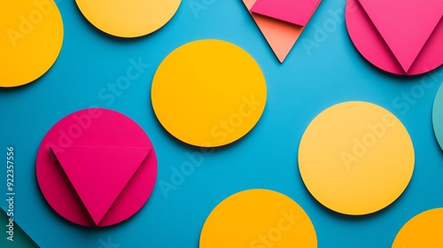 Vibrant circles and triangles, interlocking shapes, flat lay, studio lighting photo