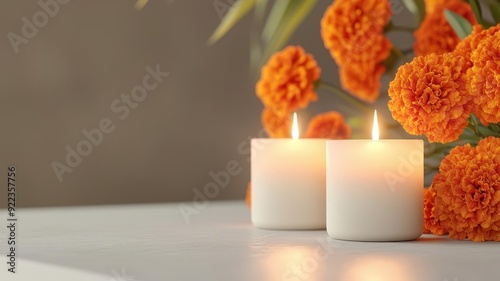 Traditional Day of the Dead altar with lit candles and vibrant marigolds, photorealistic, warm and detailedselective focus on foreground, copy space for text, ultra HD, photo