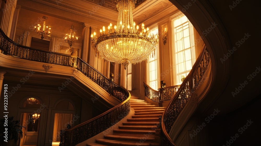 Obraz premium Elegant chandelier casting a warm glow over a grand staircase, enhancing the luxurious interior.