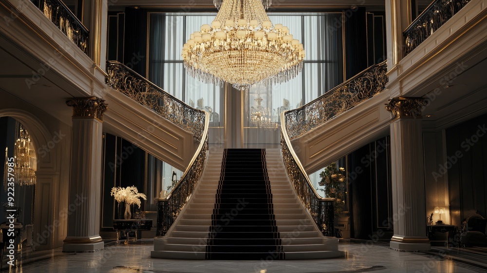 Obraz premium Elegant chandelier hanging above a grand staircase, adding a touch of luxury to the space. -