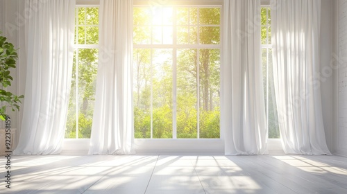 Elegant white curtains framing a large window with sunlight streaming in, creating a cozy and serene atmosphere.