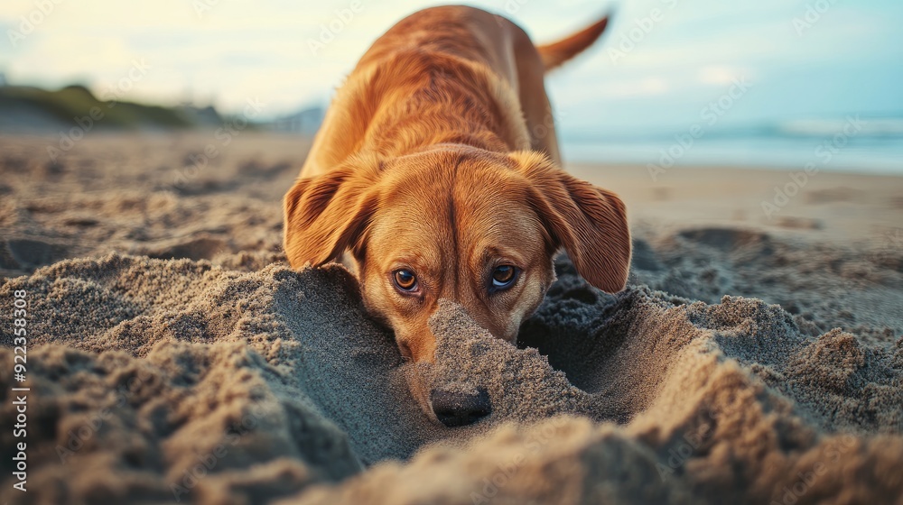 Fototapeta premium Excited dog digging in the sand, tail wagging and nose buried, enjoying a playful moment on the beach.