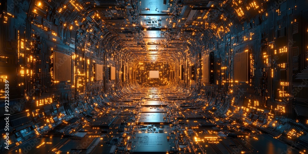 Obraz premium Abstract Futuristic Digital Circuitry Tunnel with Glowing Lights