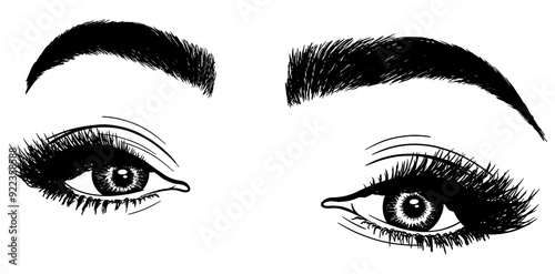 Illustration with woman's eyes, eyelashes and eyebrows. Realistic sexy makeup look. Tattoo design. Logo for brow bar or lash salon.