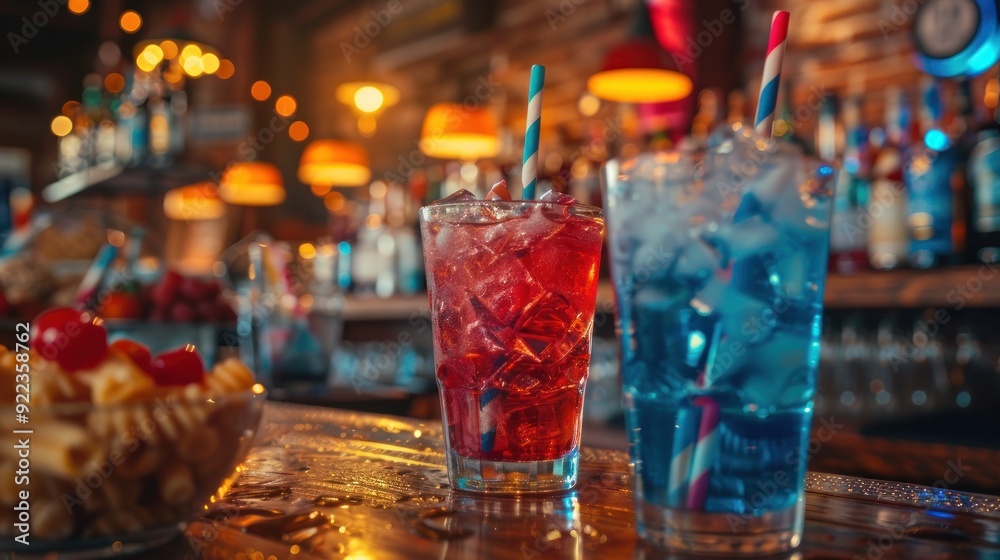  A table with red, yellow, and blue drinks and snacks 